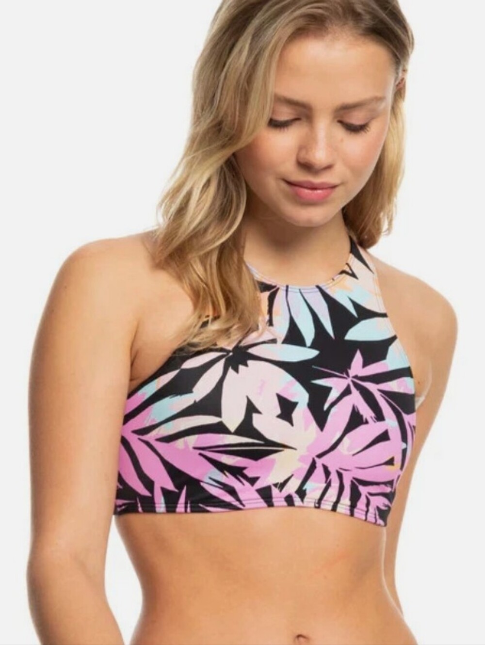 Roxy High Neck Tropical Print Swim Top - Pink/Black